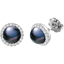 Picture of A beautiful pair of Black Pearl and Round Brilliant Cut diamond cluster earrings in 18ct white gold