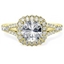 Picture of A stunning Cushion Cut halo style diamond ring with shoulder stones in 18ct yellow gold